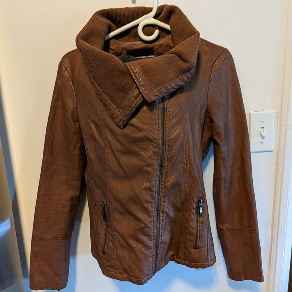 Brown Vegan Leather Asymmetrical Jacket - Picture 1 of 11